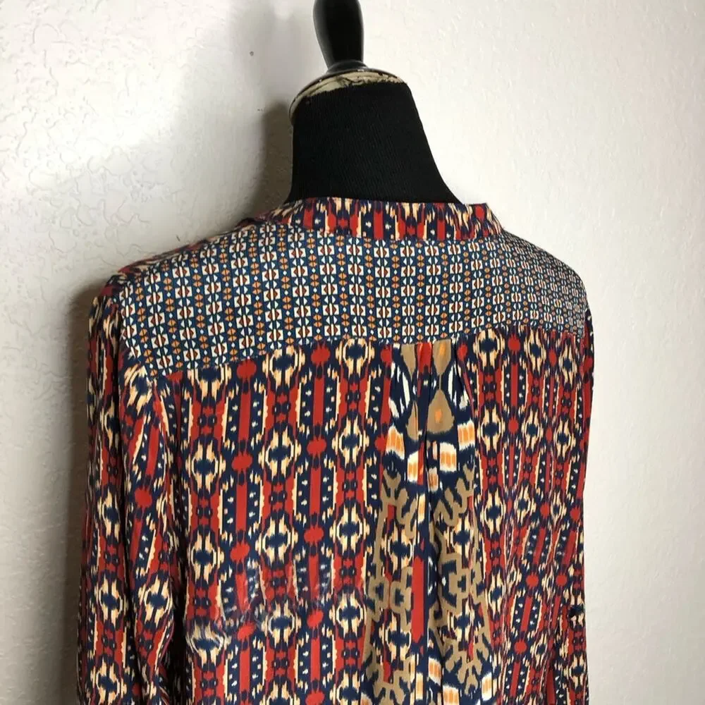 Tolani red blue orange graphic print silk shift dress size Medium